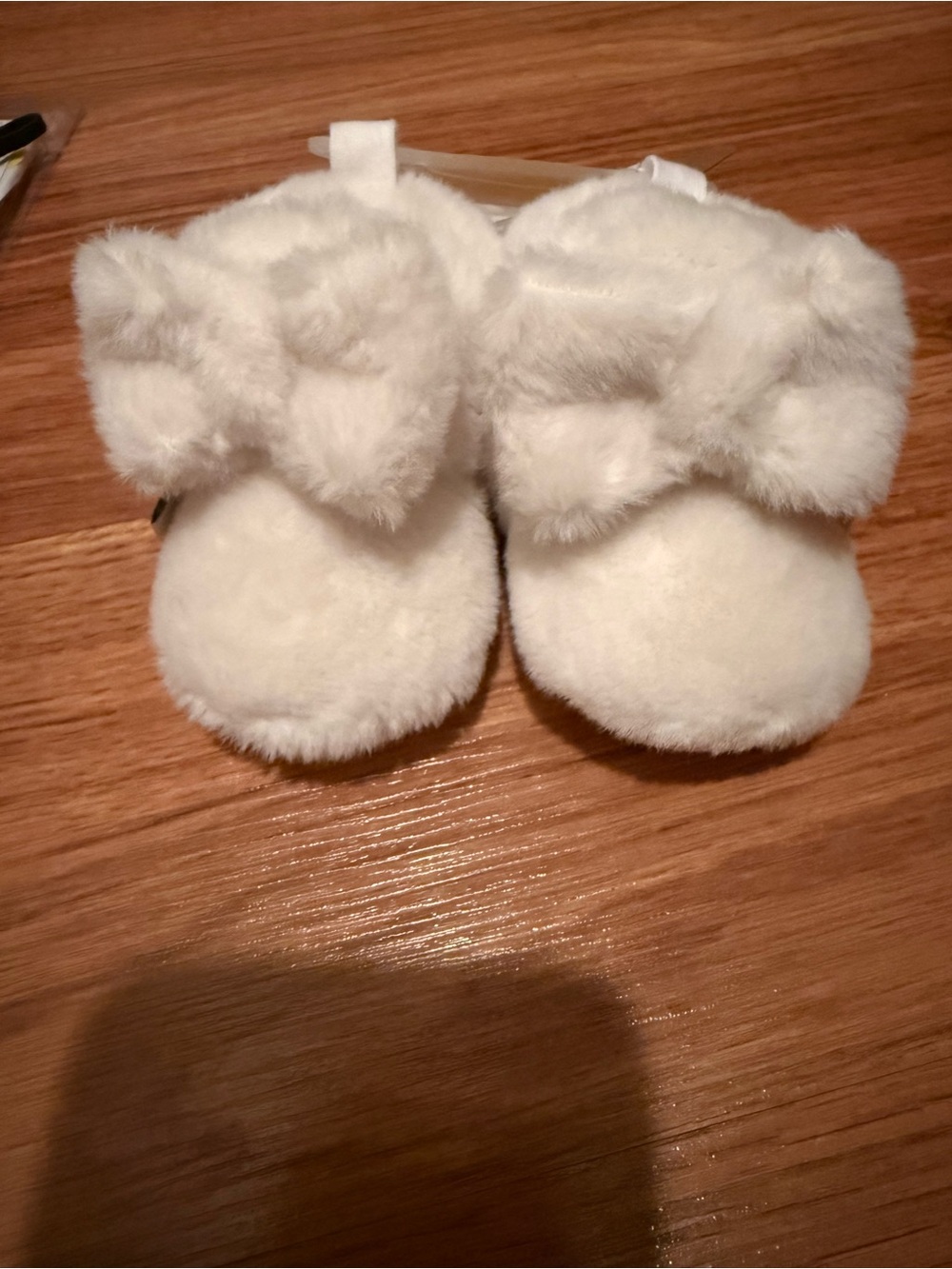 BearPaw Plush White Faux Fur Baby Booties with Bow Accent